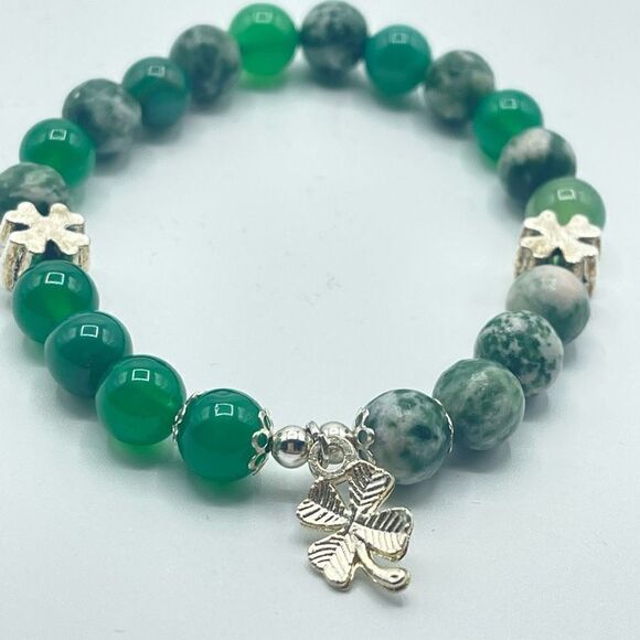 Lucky charm green aventurine tree agate beaded stretch bracelet ONE NEW Irish fo - Picture 5 of 8